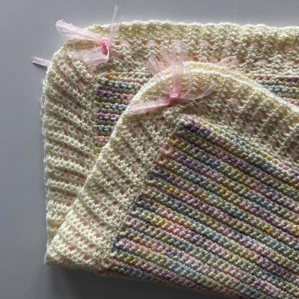 Vintage Cream Pastel Crochet Satin Weave Trim Baby Blanket Approx  25